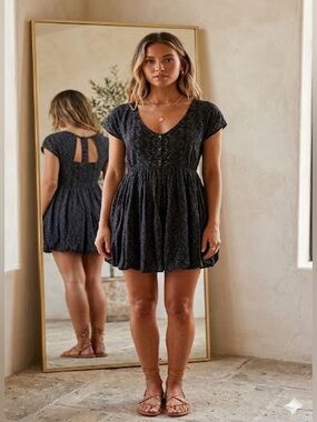 Free People Black Short Sleeve V-Neck Mini Dress S/P